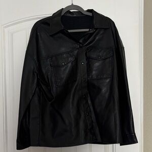 Black Faux Leather Button-Up Shirt